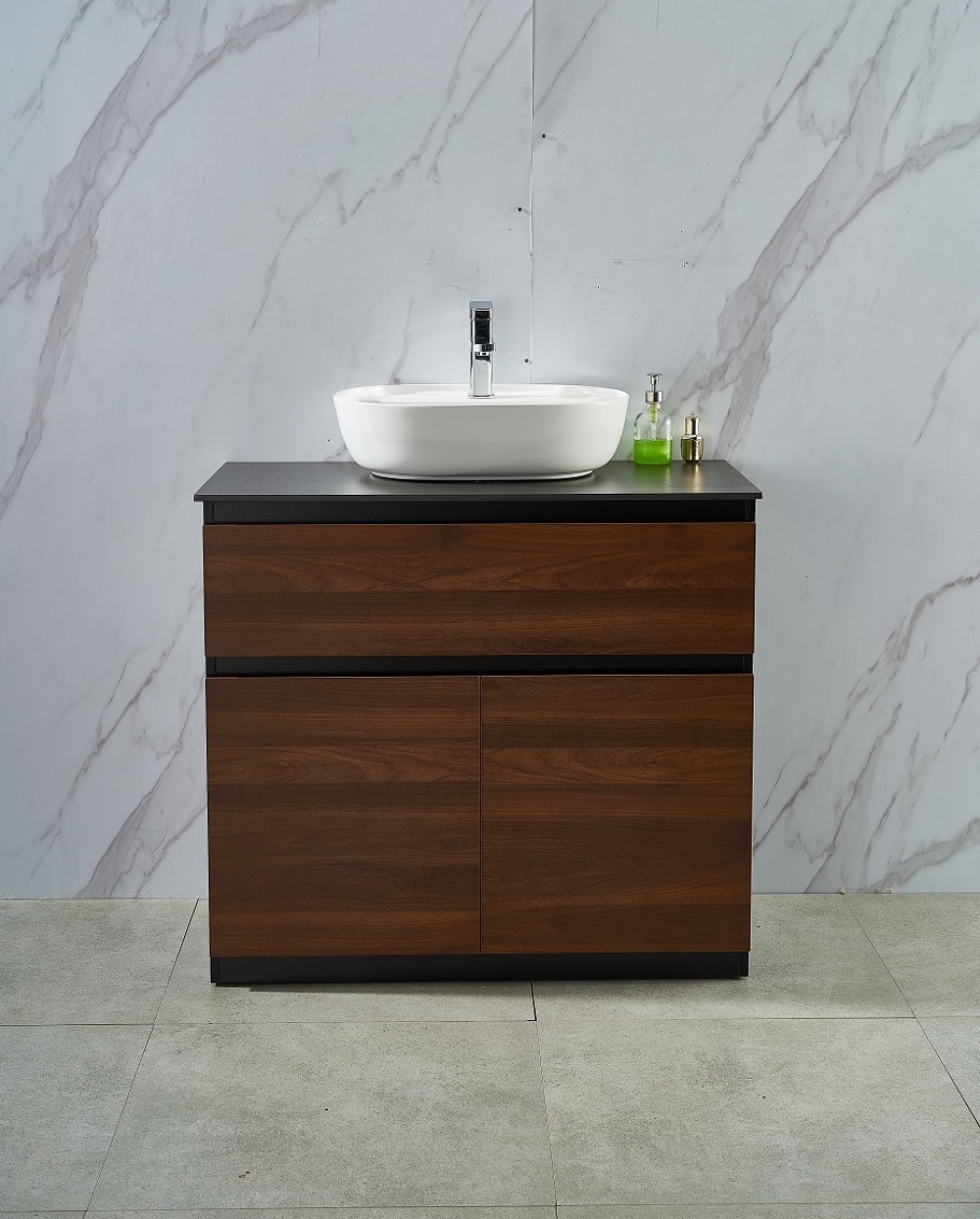 Walnut Free Standing 900W*460D*820H Vanity with Black Slate Countertop and Bowl