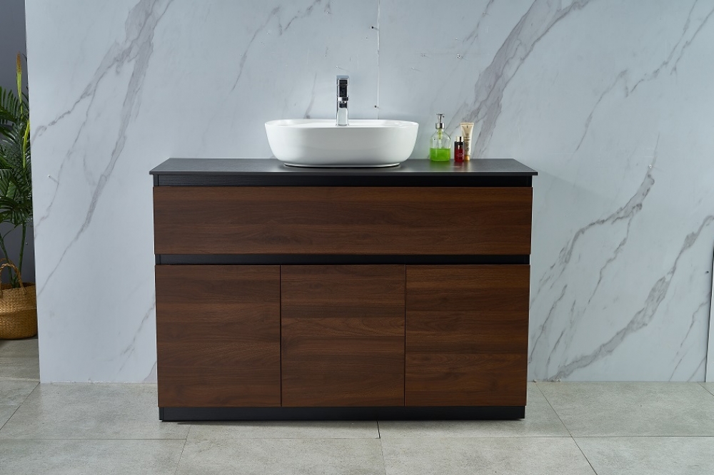 Walnut Free Standing 1200W*460D*820H Vanity with Black Slate Countertop and Bowl