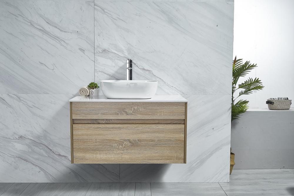 Original Oak Wall Hung 900mm Vanity with White Marble Slab / Counter Top