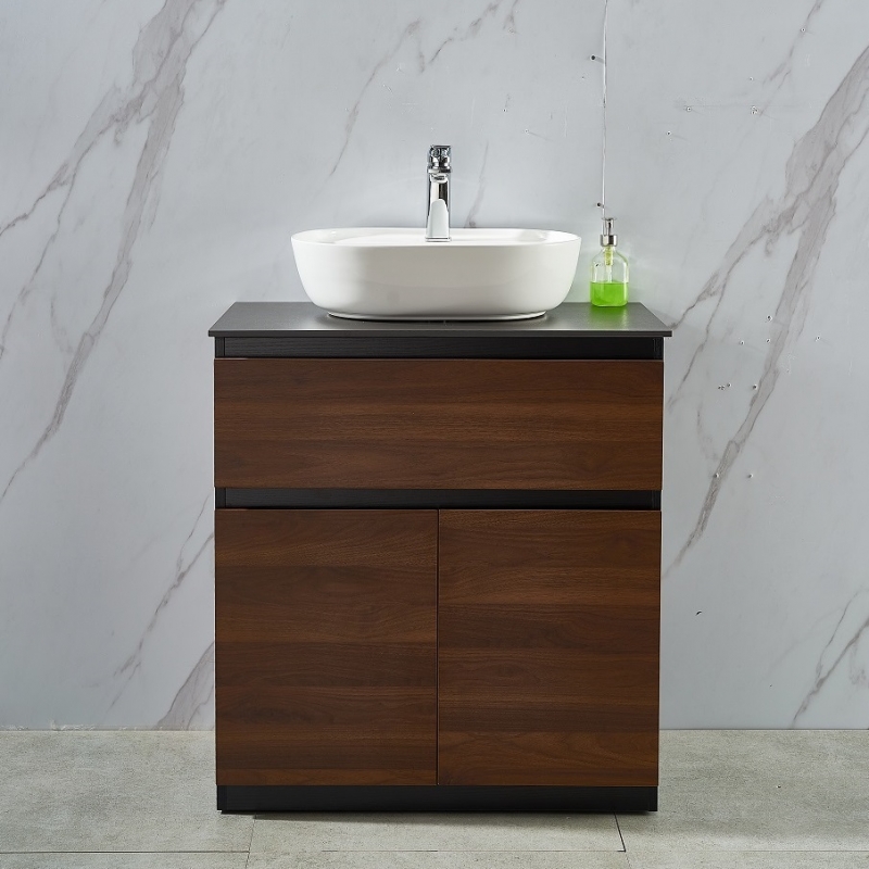 Walnut Free Standing 750W*460D*820H Vanity with Black Slate Countertop and Bowl