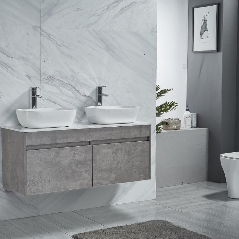 MY-70090-W120-A731-78105DB  Concrete Grey Wall Hung 1200mm Vanity with White Marble Slab / Counter Top