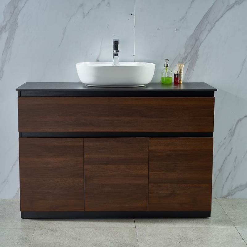 Walnut Free Standing 1200W*460D*820H Vanity with Black Slate Countertop and Bowl
