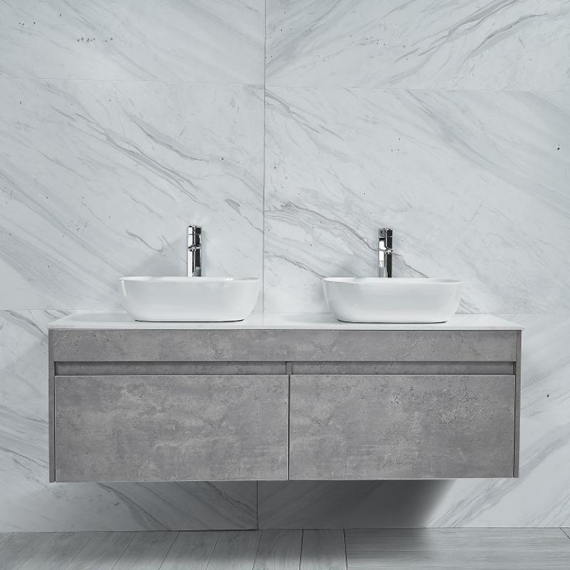 MY70090-W150-A731-78105DB VANITY  Concrete Grey Wall Hung 1500mm Vanity with White Marble Slab / Counter Top